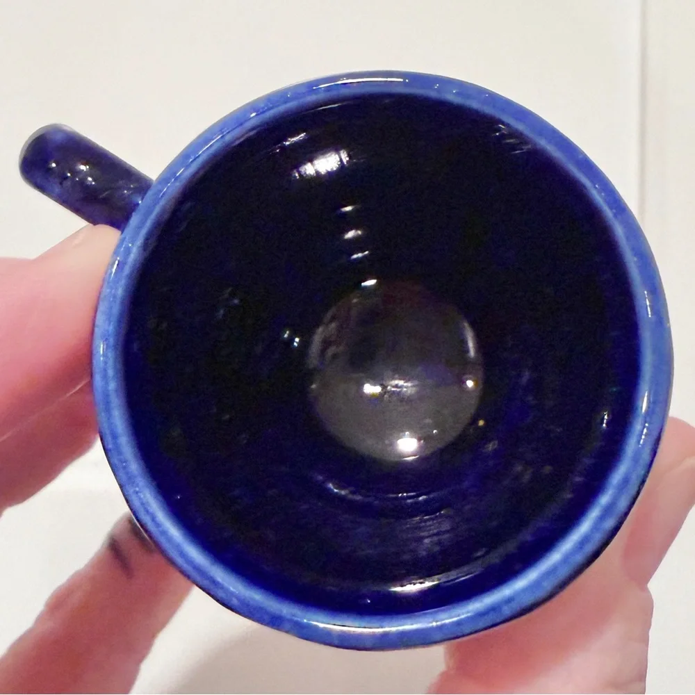 Vintage cobalt blue Karlsbader Becherovka ceramic shot glass with handle
